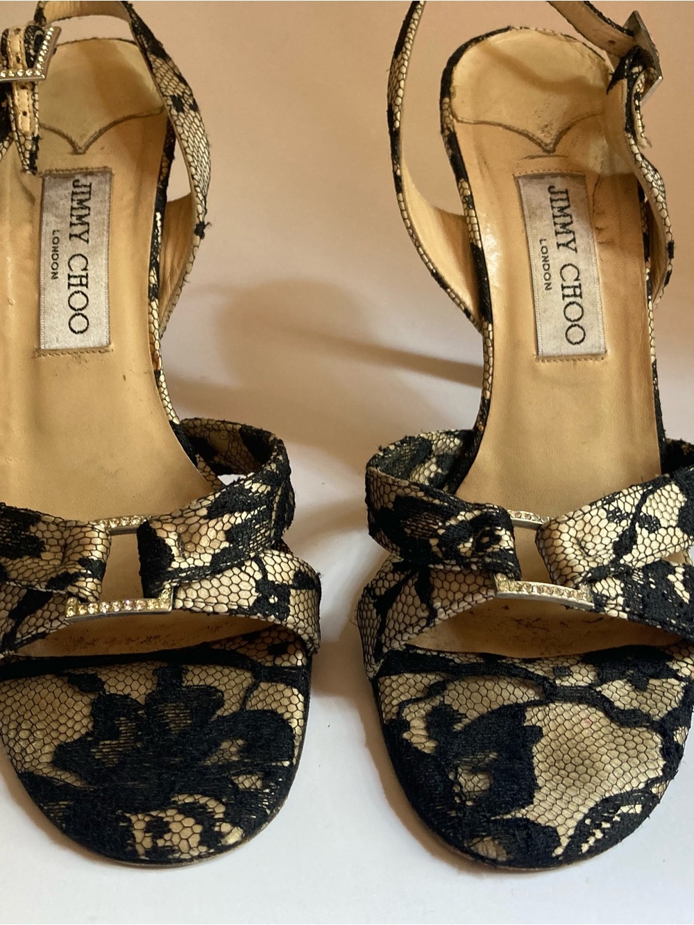 Jimmy Choo Black Lace over Gold Bow-Front Evening Heels
